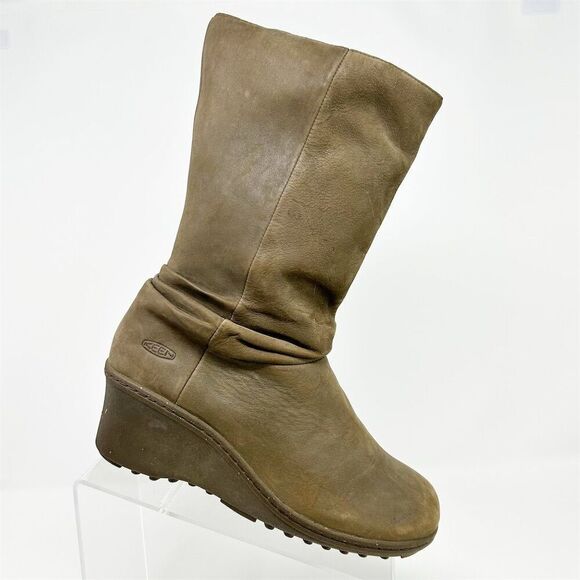 KEEN Akita Light Brown Leather Pull-On Wedge Mid-Calf Pull On Boots Size 8.5 - Picture 1 of 12